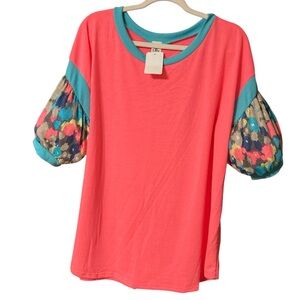 Sew In Love shirt neon pink and Teal Short Sleeve Top NEW
